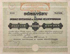 Oroshzi Sertshizlal s Hsipari Rszvnytrsasg rszvny 1000 korona 1920 Oroshza