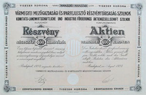 rmegyei Mezgazdasgi s Iparfejlesztsi Rszvnytrsasg Szolnok rszvny 25x400 korona 1923