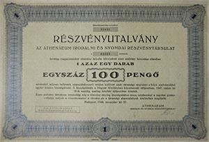 Athenaeum Irodalmi s Nyomdai Rszvnytrsasg rszvnyutalvny 100 peng 1946