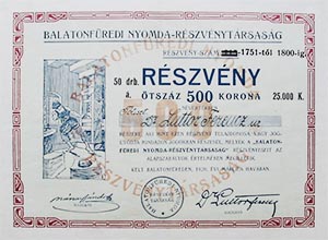Balatonfredi Nyomda Rszvnytrsasg rszvny 50x500 2500 korona 1920