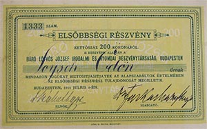 Br Etvs Jzsef Irodalmi s Nyomdai Rszvnytrsasg elsbbsgi rszvny 200 korona 1910