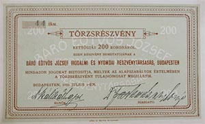 Br Etvs Jzsef Irodalmi s Nyomdai Rszvnytrsasg trzsrszvny 200 korona 1910