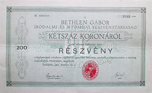 Bethlen Gbor Irodalmi s Nyomdai Rszvnytrsasg rszvny 200 korona 1922