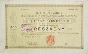 Bethlen Gbor Irodalmi s Nyomdai Rszvnytrsasg rszvny 200 korona 1918