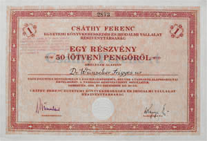 Csthy Ferenc Egyetemi Knyvkereskeds s Irodalmi Vllalat Rszvnytrsasg rszvny 50 peng 1931
