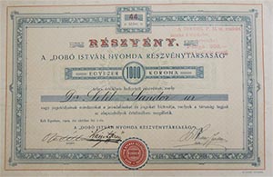Dob Istvn Nyomda Rszvnytrsasg rszvny 1000 korona 1909 Eger