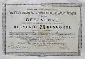 Dombvri Nyomda s Paprkereskeds Rszvnytrsasg rszvny 5x15 75 peng 1926