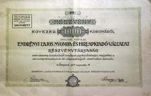 Endrnyi Lajos Nyomda s Hrlapkiad Vllalat Rszvnytrsasg rszvny 1000 korona 1917 Szeged