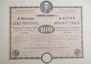 Franklin-Trsulat Magyar Irodalmi Intzet s Knyvnyomda rszvny 10x10 100 peng 1926