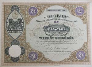 Globus Nyomdai Mintzet Rszvnytrsasg rszvny 5x15 75 peng 1926