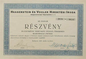 Haasenstein s Vogler Hirdetsi Iroda Magyarorszgi  Kpviselete Rszvnytrsasg  rszvny 300 peng 1937