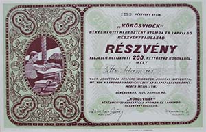 Krsvidk Bksmegyei Keresztny Nyomda s Lapkiad  Rszvnytrsasg rszvny 200 korona 1921 Bkscsaba