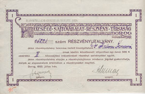Kzsgi Sajtvllalat Rszvnytrsasg rszvnyutalvny 500 korona 1923 Dorog
