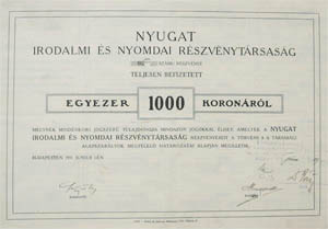 Nyugat Irodalmi s Nyomdai Rszvnytrsasg rszvny 1000 korona 1911