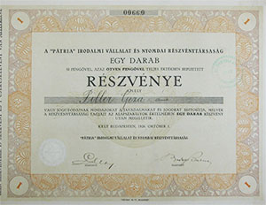 Ptria Irodalmi Vllalat s Nyomdai Rszvnytrsasg rszvny 50 peng 1926