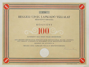 Reggeli jsg Lapkiad Vllalat Rszvnytrsasg rszvny 100 peng 1932