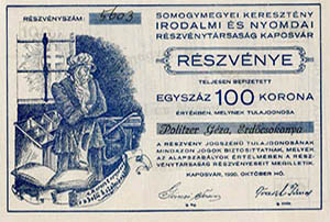 Somogymegyei Keresztny Irodalmi s Nyomdai Rszvnytrsasg Kaposvr rszvny 100 korona 1920
