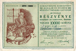 Somogymegyei Keresztny Irodalmi s Nyomdai Rszvnytrsasg Kaposvr rszvny 100x100 10000 korona 1920