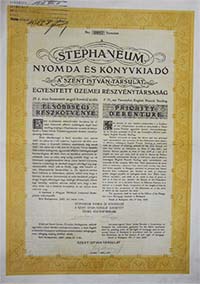Stephaneum Nyomda s Knyvkiad, A Szent Istvn Trsulat Egyestett zemei Rszvnytrsasg elsbbsgi rszktvny 25 font 1927
