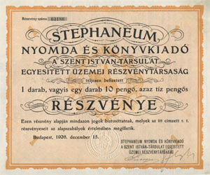 Stephaneum Nyomda s Knyvkiad, A Szent Istvn Trsulat Egyestett zemei Rszvnytrsasg rszvny 10 peng 1926