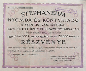 Stephaneum Nyomda s Knyvkiad, A Szent Istvn Trsulat Egyestett zemei Rszvnytrsasg rszvny 100x200 korona 1923