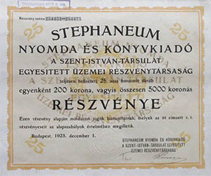 Stephaneum Nyomda s Knyvkiad, A Szent Istvn Trsulat Egyestett zemei Rszvnytrsasg rszvny 25x200 5000 korona 1923