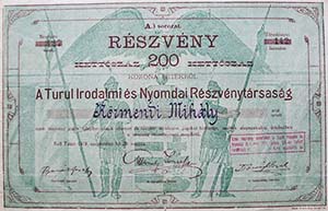 Turul Irodalmi s Nyomdai Rszvnytrsasg rszvny 200 korona 1919 Tata