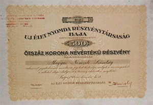 j let Nyomda Rszvnytrsasg Baja rszvny 500 korona 1919
