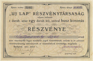 j Lap Rszvnytrsasg rszvny 20 korona 1907