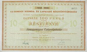 j-Somogy Nyomda s Lapkiad Rszvnytrsasg rszvny 10x10 100 peng 1930 Kaposvr