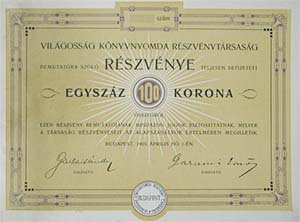 Vilgossg Knyvnyomda Rszvnytrsasg rszvny 100 korona 1905