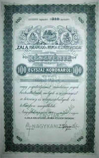 Zala Hrlapkiad s Nyomda Rszvnytrsasg rszvny 100 korona 1909 Nagykanizsa