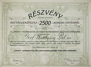Zrnyi Nyomdaipar s Knyvkereskeds Rszvnytrsasg rszvny 2500 korona 1921 Zalaegerszeg