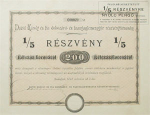 Dvid Kroly s Fia Dobozru- s Faanyaglemezgyr  Rszvnytrsasg 200 korona 1923