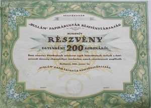 Hullm Paprrugyr Rszvnytrsasg rszvny 25x200 5000 korona 1923