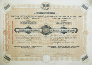 Magyar Vegypapr s Paprnemgyr Rszvnytrsasg rszvny 100x200 20000 korona 1923