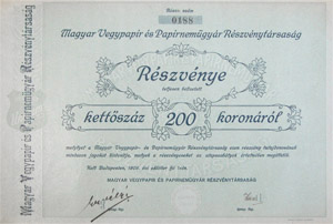 Magyar Vegypapr s Paprnemgyr Rszvnytrsasg rszvny 200 korona 1909