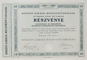 Kinizsy Garage Rszvnytrsasg 300 peng 1928