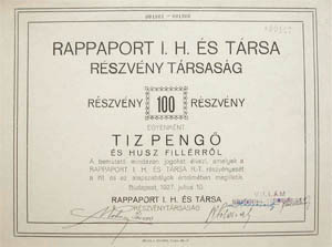 Rappaport I. H. s Trsa Rszvnytrsasg rszvny 20 fillr 1927