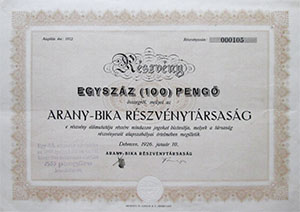 Arany Bika Rszvnytrsasg rszvny 100 peng 1926