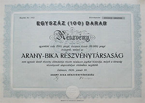 Arany Bika Rszvnytrsasg rszvny 100x100 peng 1926