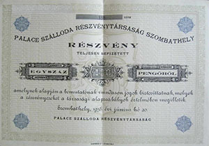 Palace Szlloda Rszvnytrsasg Szombathely rszvny 100 peng 1928