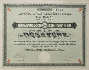Pannonia Szll Rszvnytrsasg rszvny 40 peng 1927 Sopron