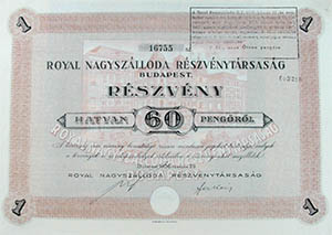 Royal Nagyszlloda Rszvnytrsasg rszvny 60 peng 1936