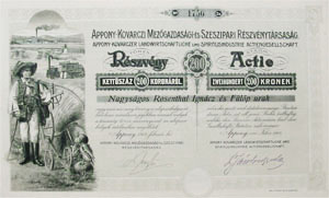 Appony-Kovarczi Mezgazdasgi s Szeszipari Rszvnytrsasg rszvny 200 korona 1914