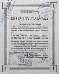 Barti Szeszfinomt-, Likr- s Rumgyr Rszvnytrsasg rszvnyutalvny 200 korona 1923