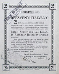 Barti Szeszfinomt-, Likr- s Rumgyr Rszvnytrsasg rszvnyutalvny 25x200 korona 1923