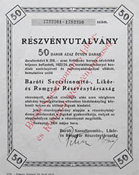 Barti Szeszfinomt-, Likr- s Rumgyr Rszvnytrsasg rszvnyutalvny 50x200 korona 1924