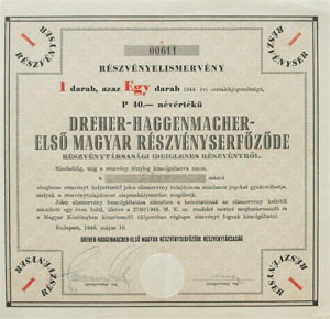 Dreher-Haggenmacher-Els Magyar Rszvnyserfzde Rszvnytrsasg rszvnyelismervny 40 peng 1946