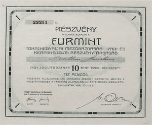 Furmint Tokajhegyaljai Mezgazdasgi, Ipari s  Mezgazdasgi Rszvnytrsasg rszvny 10 peng 1926